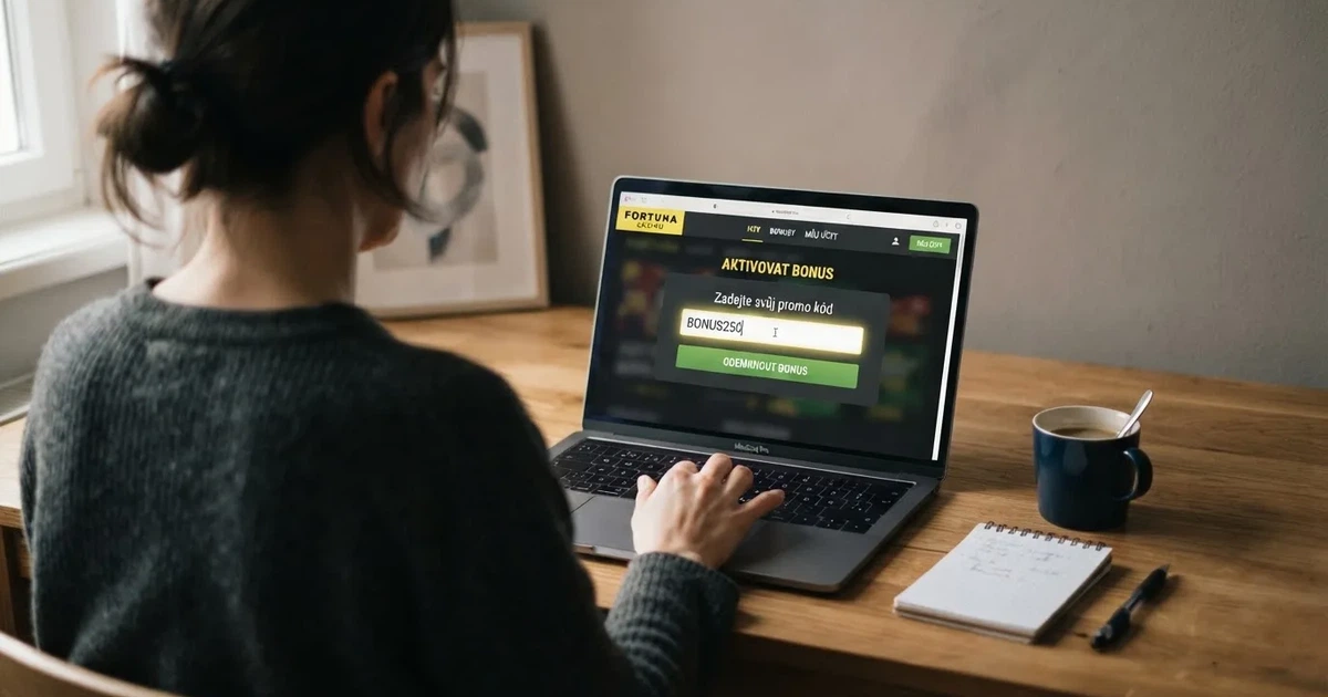 Hráč zadává promo kód do pole na obrazovce online casina na notebooku