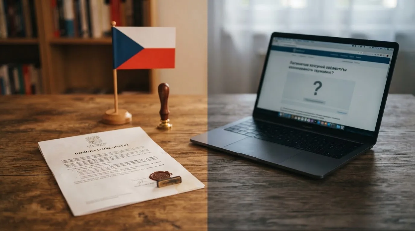 Rozcestník se dvěma směry — na jedné straně symbol české licence s vlajkou a pečetí MF ČR, na druhé otazník nad neoznačenou zahraniční doménou