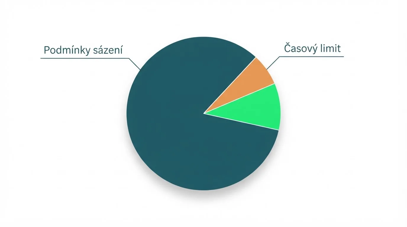 Koláčový graf znázorňující, jakou část bonusu bez vkladu ukousne wagering, strop na výběr a časové omezení — z původní hodnoty zbývá jen zlomek