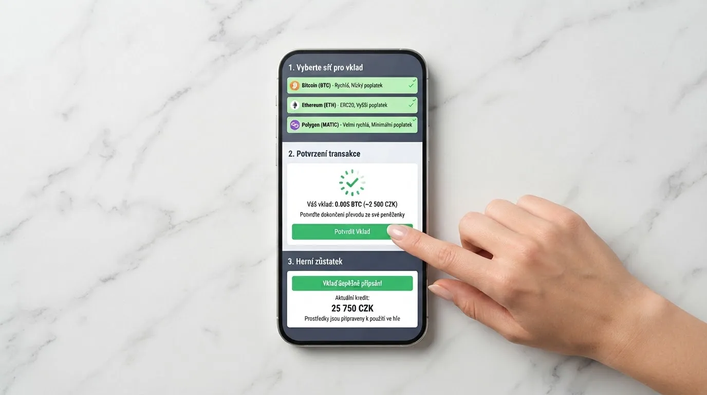 Sekvence tří kroků na mobilním telefonu: výběr sítě v MetaMask, potvrzení transakce, připsání kreditu na herním účtu