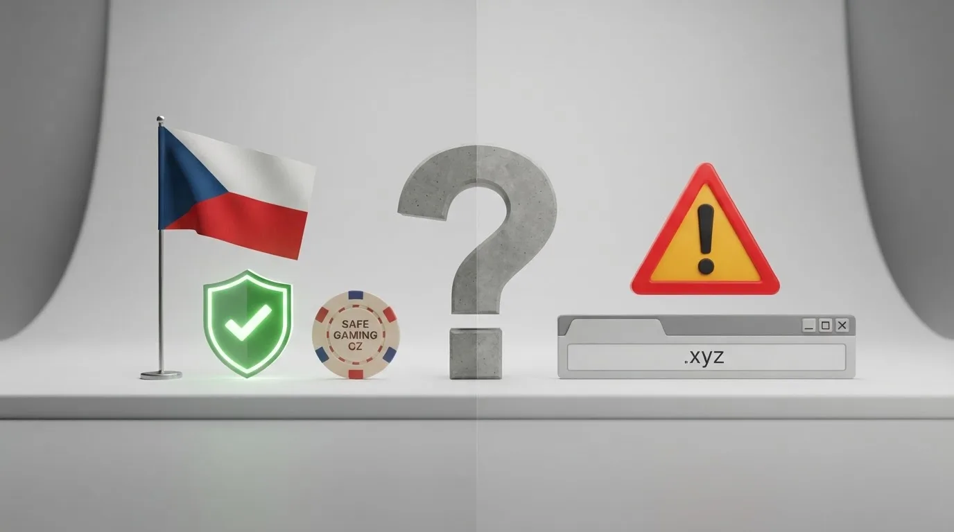 Kontrastní kompozice: na levé straně logo Ministerstva financí ČR a česká vlajka, na pravé straně varovný symbol nad doménou s exotickou licencí — mezi nimi otazník.