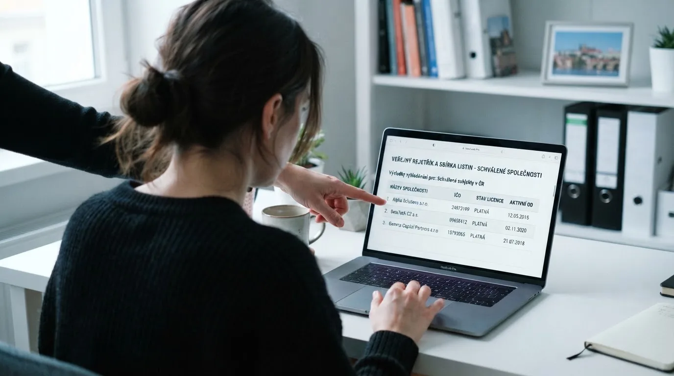 Detail úřední listiny s razítkem Ministerstva financí ČR vedle obrazovky s logem online casina s českou doménou .cz