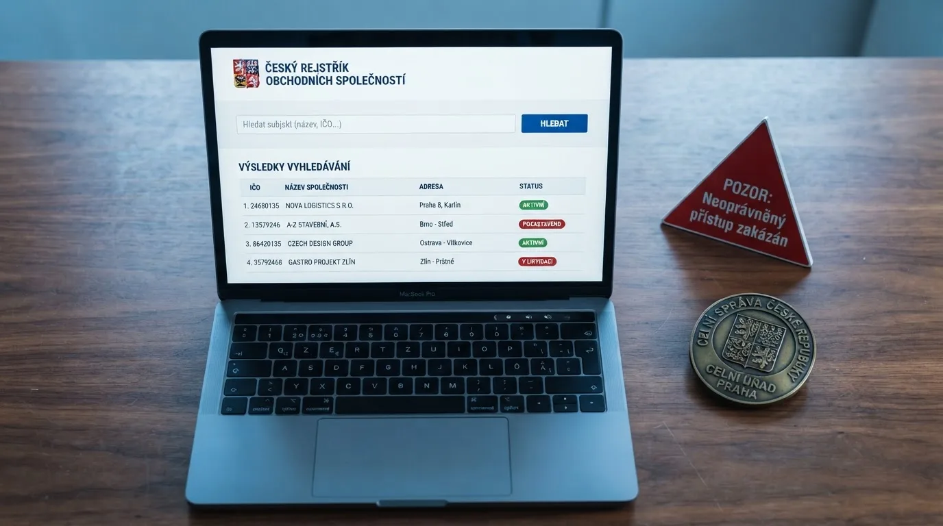 Obrazovka s veřejným registrem Ministerstva financí ČR, vedle výstražný symbol a logo Celní správy ČR