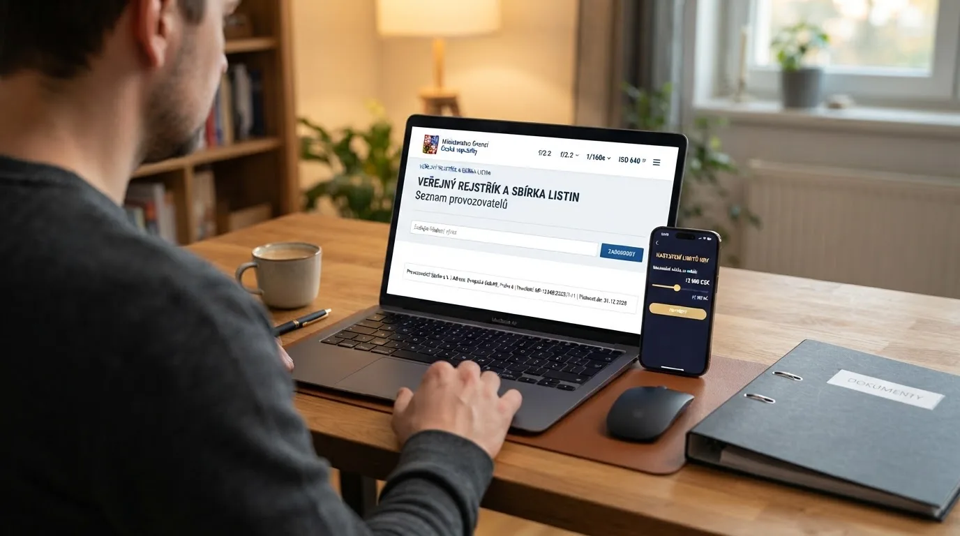Úřední dokument s razítkem Ministerstva financí ČR vedle obrazovky s online casinem