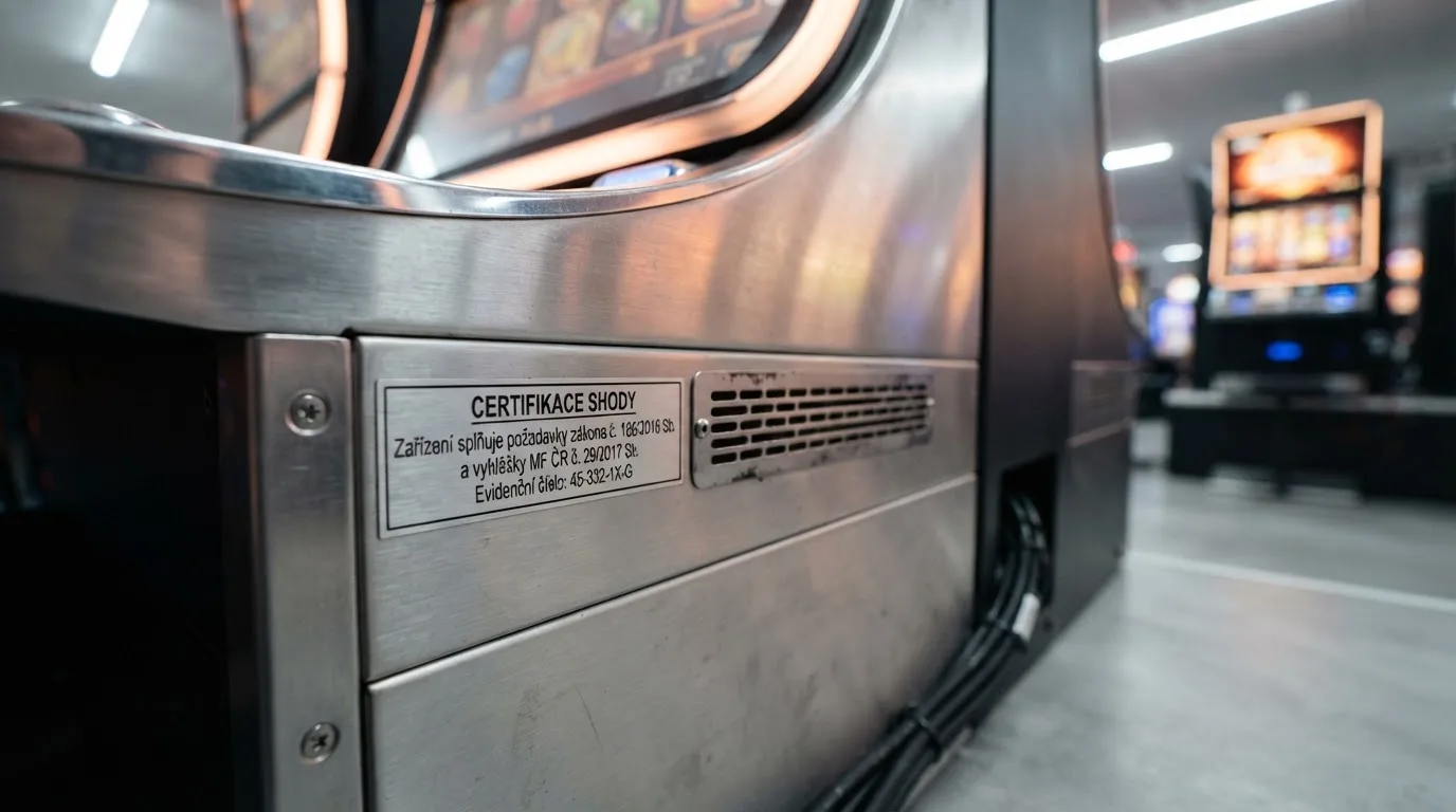 Oficiální dokumentace — výřez z veřejného rejstříku MF ČR nebo ilustrační zobrazení certifikačních značek GLI a EZÚ na herním automatu.