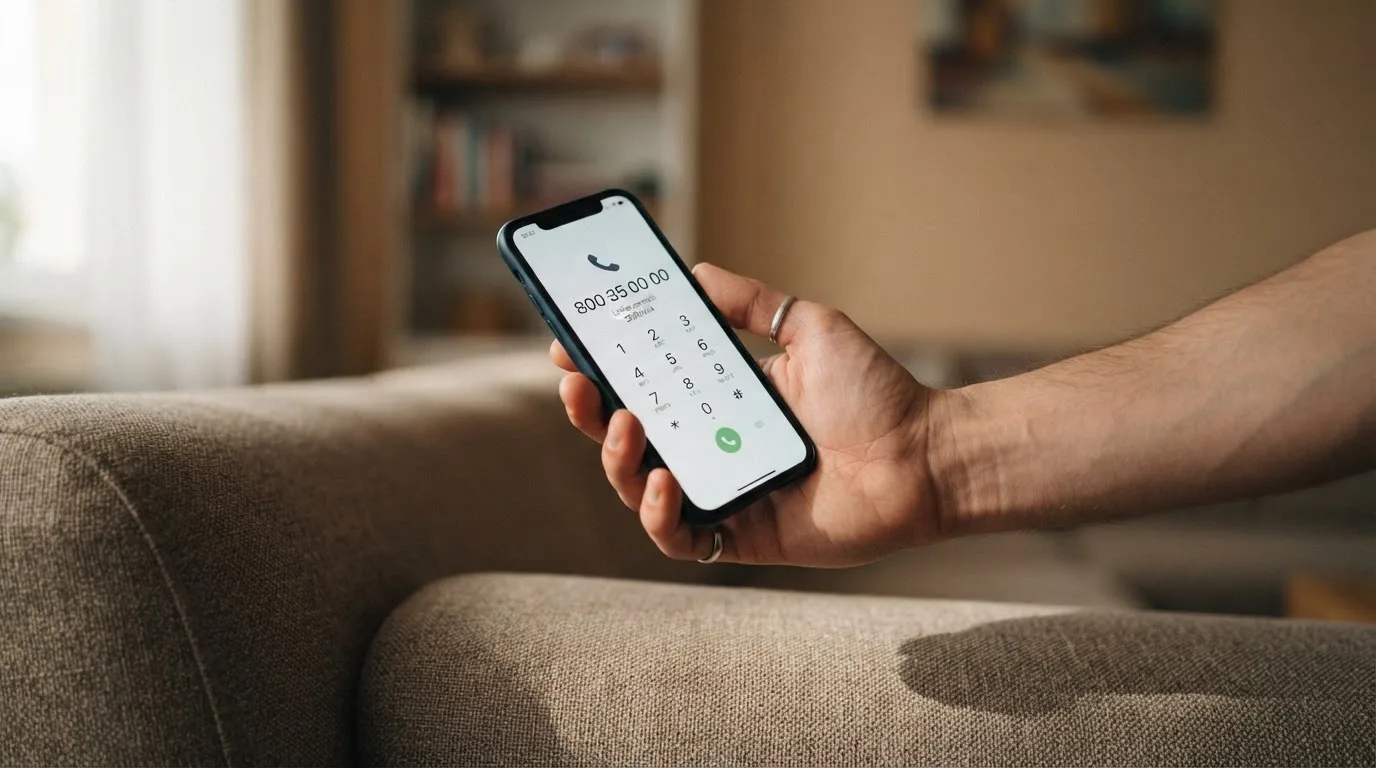 Telefon s vytočeným číslem linky pomoci na displeji, v pozadí nenápadně logo Rejstříku vyloučených osob a tlačítko panic button