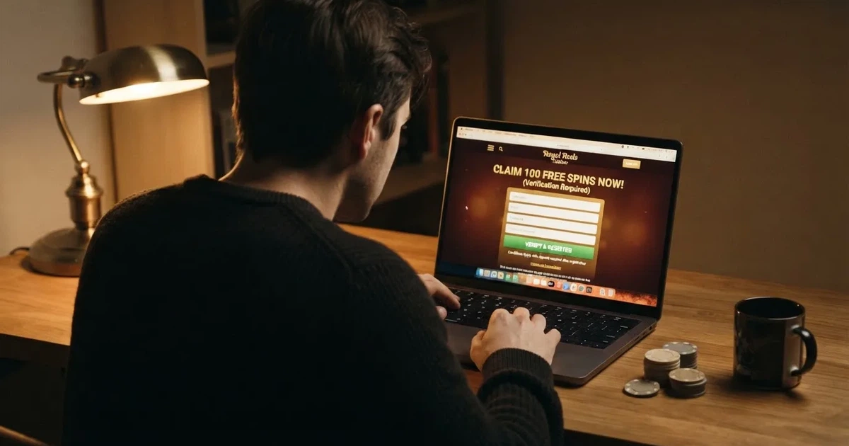 Hráč u počítače si prohlíží nabídku bonusů bez vkladu v českém online casinu, na obrazovce je vidět registrační formulář a zvýrazněná nabídka volných zatočení