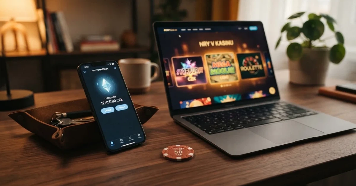 Obrazovka telefonu a laptopu vedle sebe, na displeji telefonu krypto peněženka s logem Etherea, na laptopu rozhraní online casina s automaty