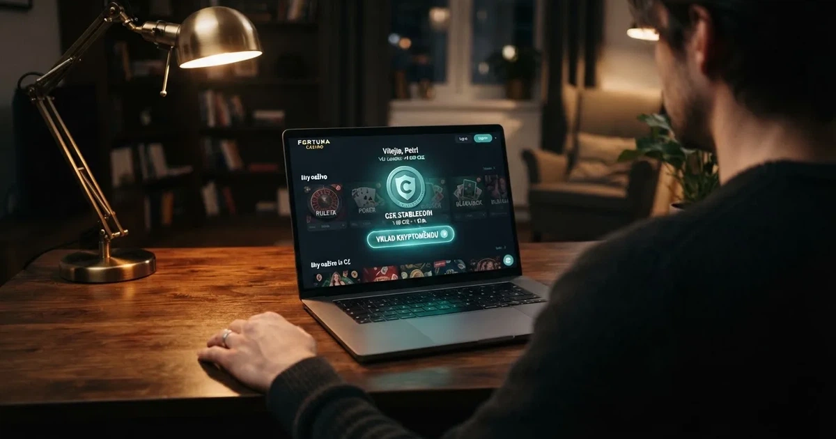 Rozhraní online kasina s logem Tether (USDT) a tlačítkem pro krypto vklad na obrazovce notebooku