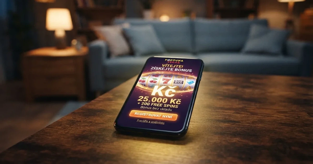 Mobilní telefon zobrazující uvítací nabídku bez vkladu v prostředí licencovaného českého online casina