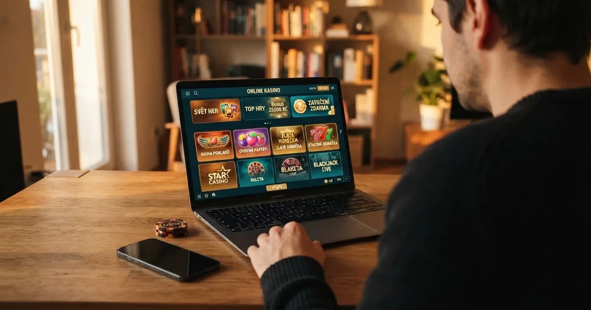 Hráč u notebooku prohlíží seznam licencovaných online kasin, na stole leží český občanský průkaz.