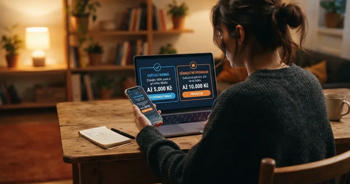 Český hráč u obrazovky s mobilem a notebookem, na obrazovce porovnání dvou casino bonusových nabídek — jedna s logem .cz, druhá s mezinárodním logem
