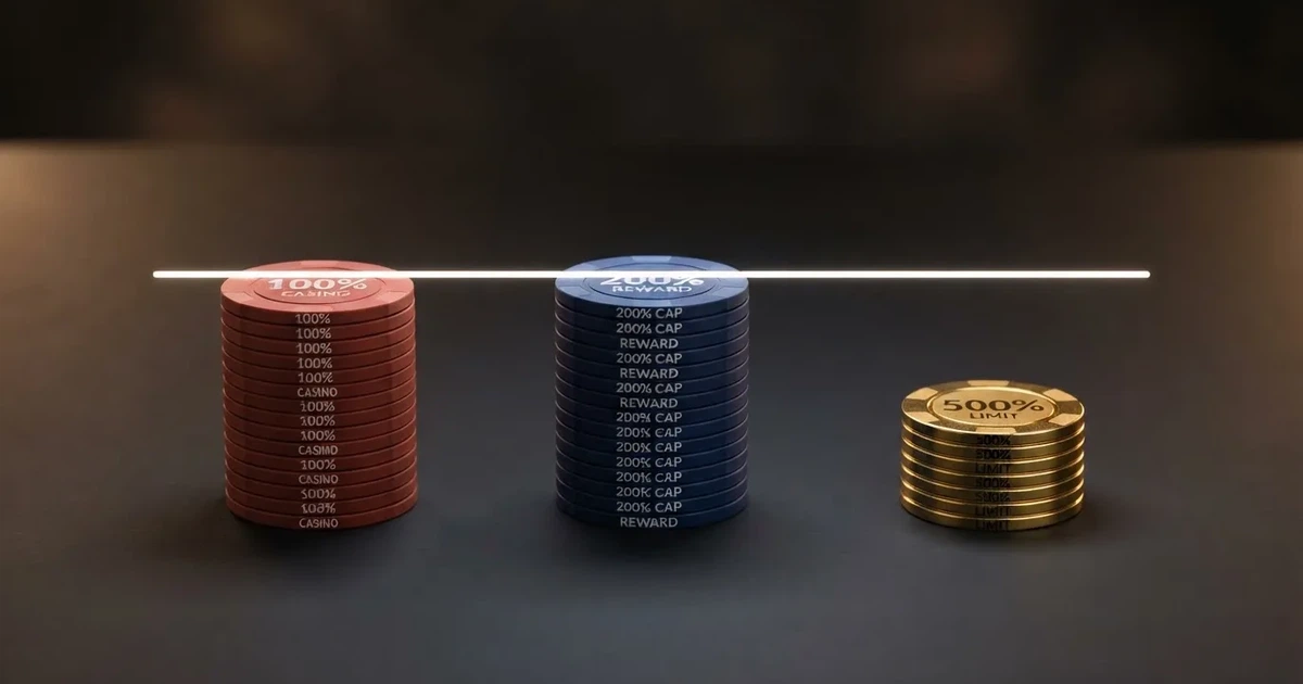 Přehledná infografika ukazující tři typy bonusů — 100%, 200% a 500% match — s vyznačeným stropem u každého z nich