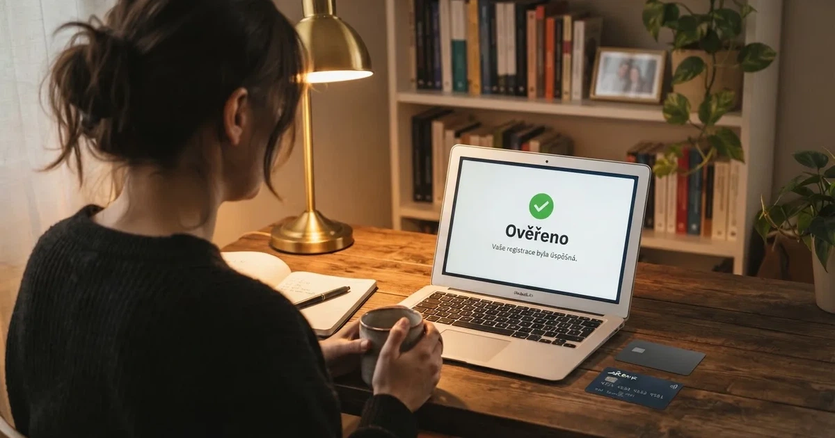 Registrační formulář českého online casina na obrazovce notebooku, vedle něj leží občanský průkaz a platební karta — hráč dokončuje ověření identity pro získání bonusu bez vkladu.