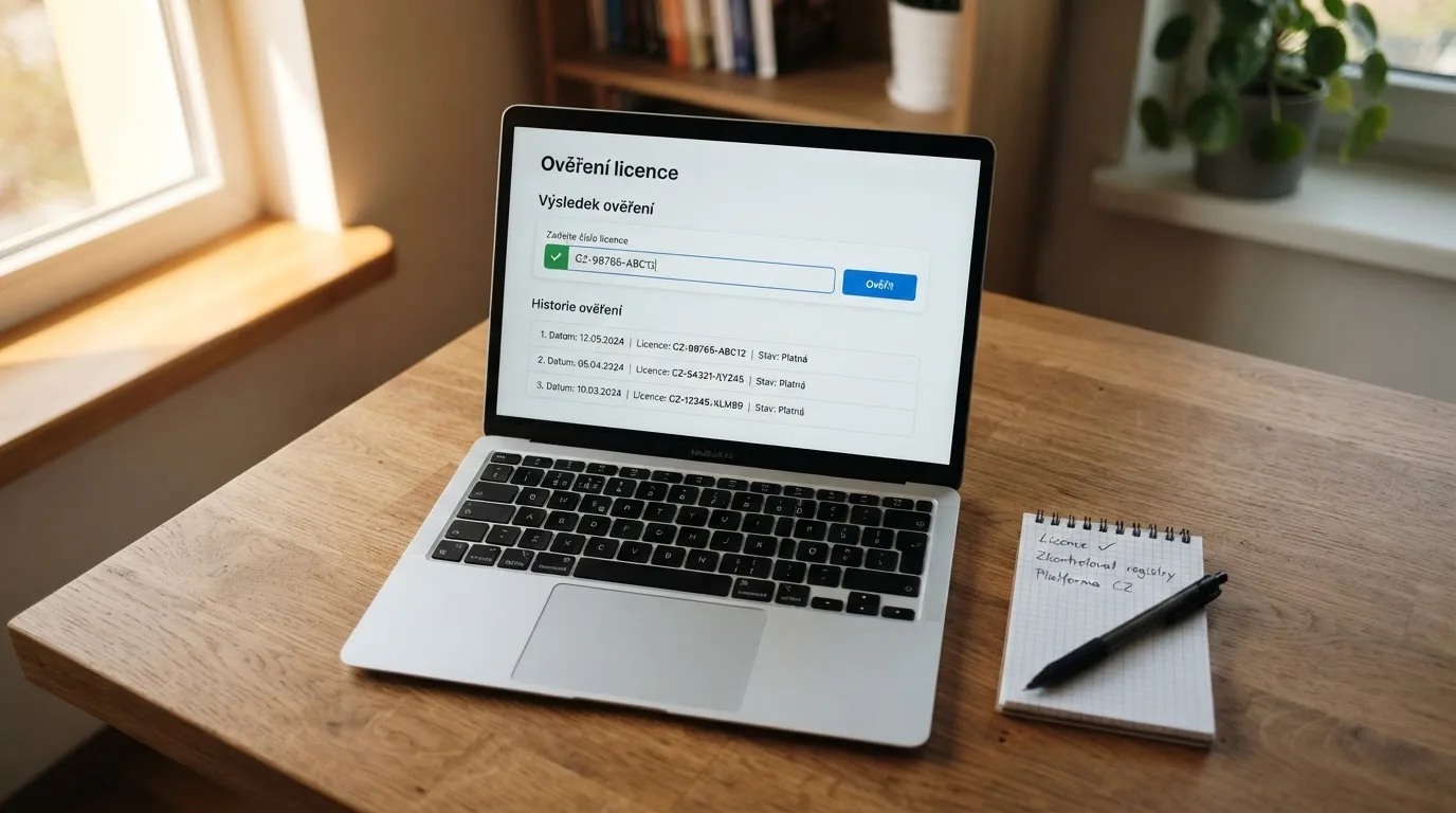 Ověřování licence českého online casina v registru Ministerstva financí ČR na obrazovce počítače