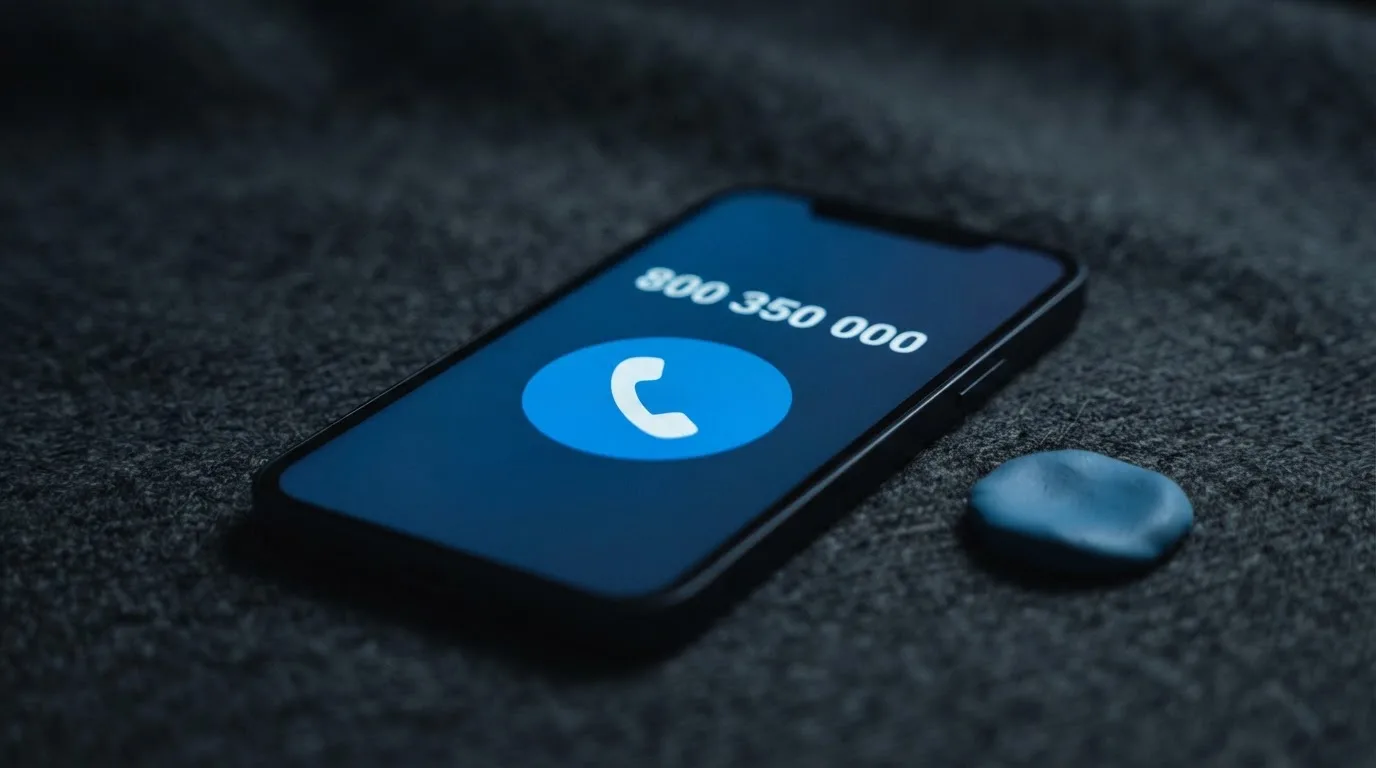 Telefon s modrým podsvícením a textem nonstop krizové linky na tmavém pozadí