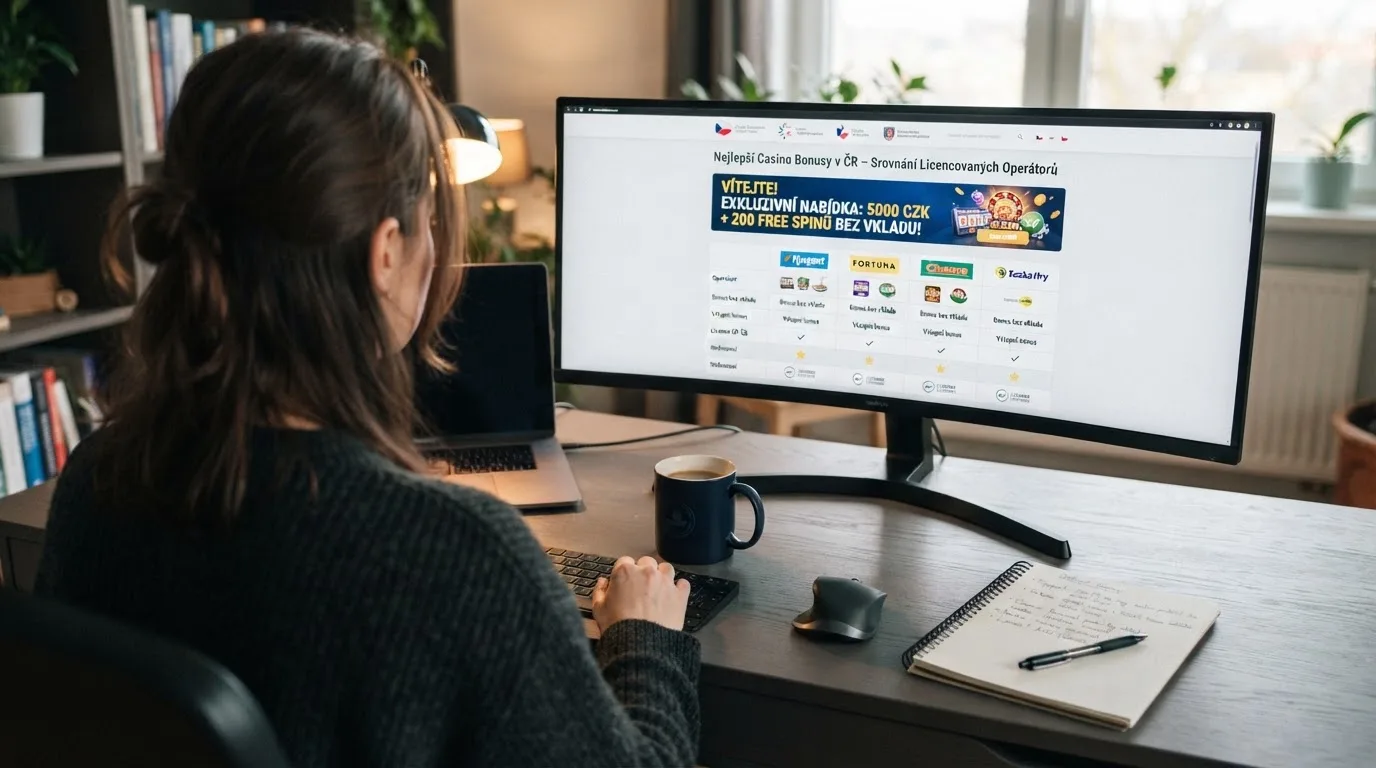 Srovnávací tabulka na monitoru s logy licencovaných českých online casin a jejich aktuálními promo kódy