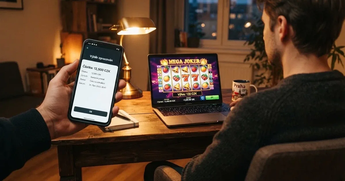 Hráč u notebooku sledující na displeji mobilu stav výběru peněz z online casina