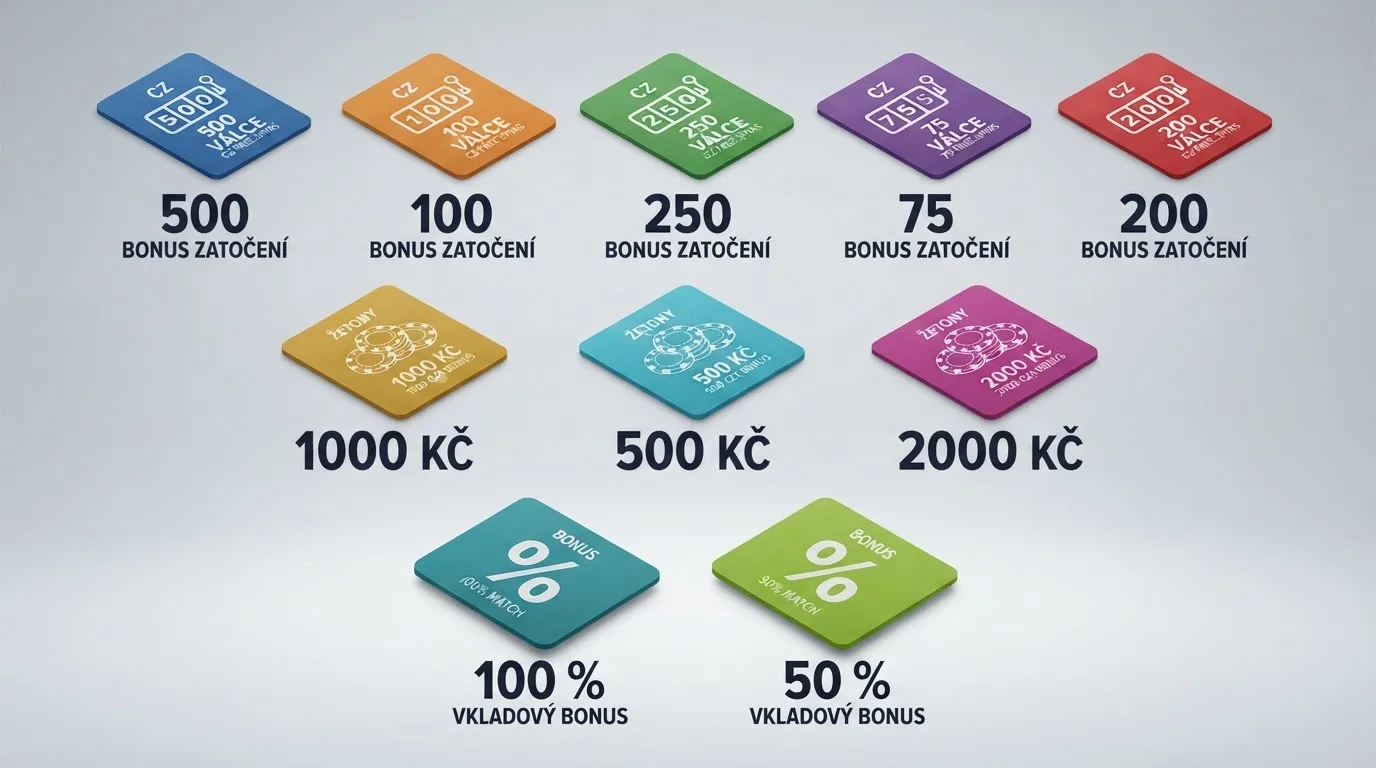 Přehledná infografika deseti karet českých licencovaných casin s ikonami bonusů zdarma, spinů a procentuálních vkladových odměn