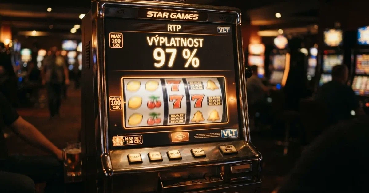 Výherní automat s roztočenými válci a zobrazenou hodnotou RTP na obrazovce