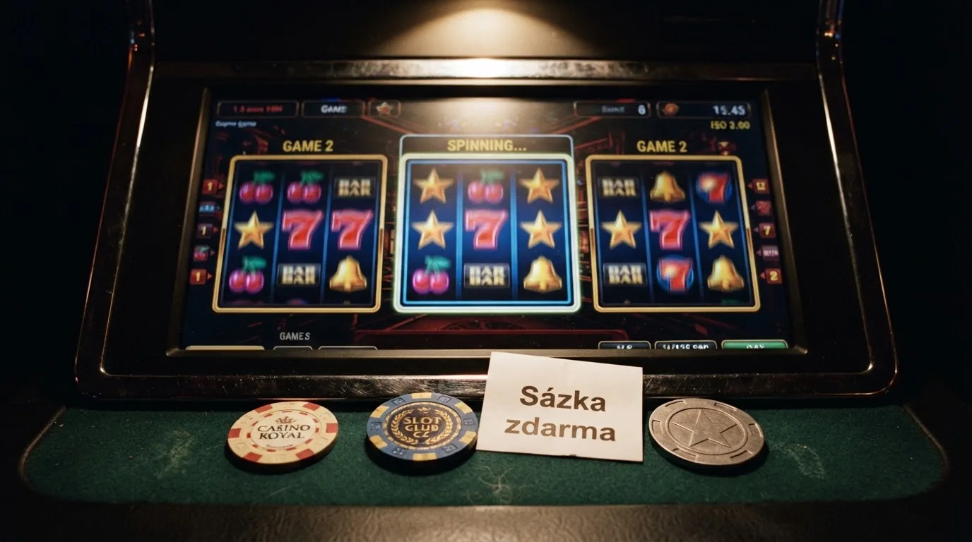 Rozložené karty s nápisy free spiny, bonusový kredit a sázka zdarma vedle obrazovky s automatem.