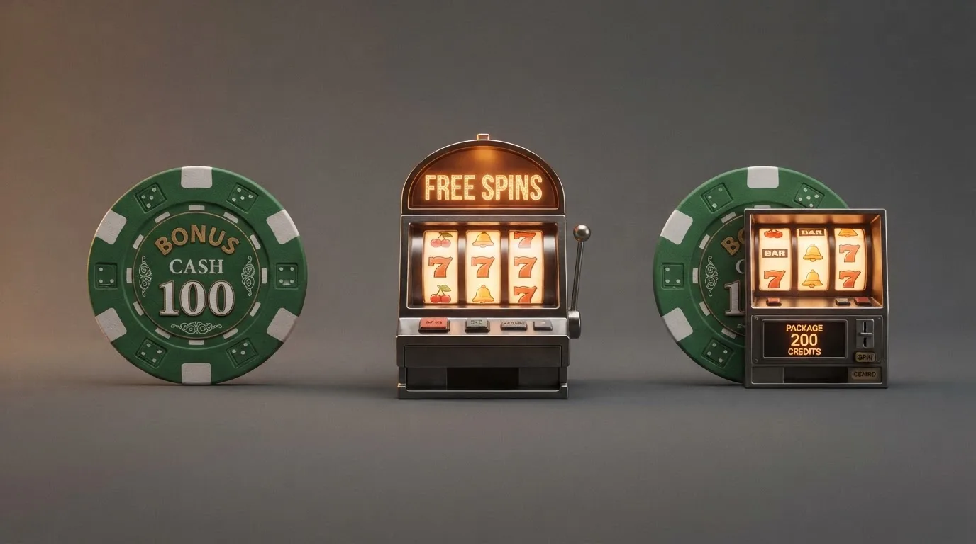 Tři vizuální symboly vedle sebe — mince (peněžní bonus), automat (free spiny) a kombinace mince s automatem (kombinovaný balíček)
