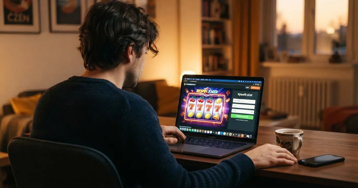 Hráč u notebooku si prohlíží nabídku volných zatočení v online casinu, na obrazovce je vidět registrační formulář a symboly výherních automatů