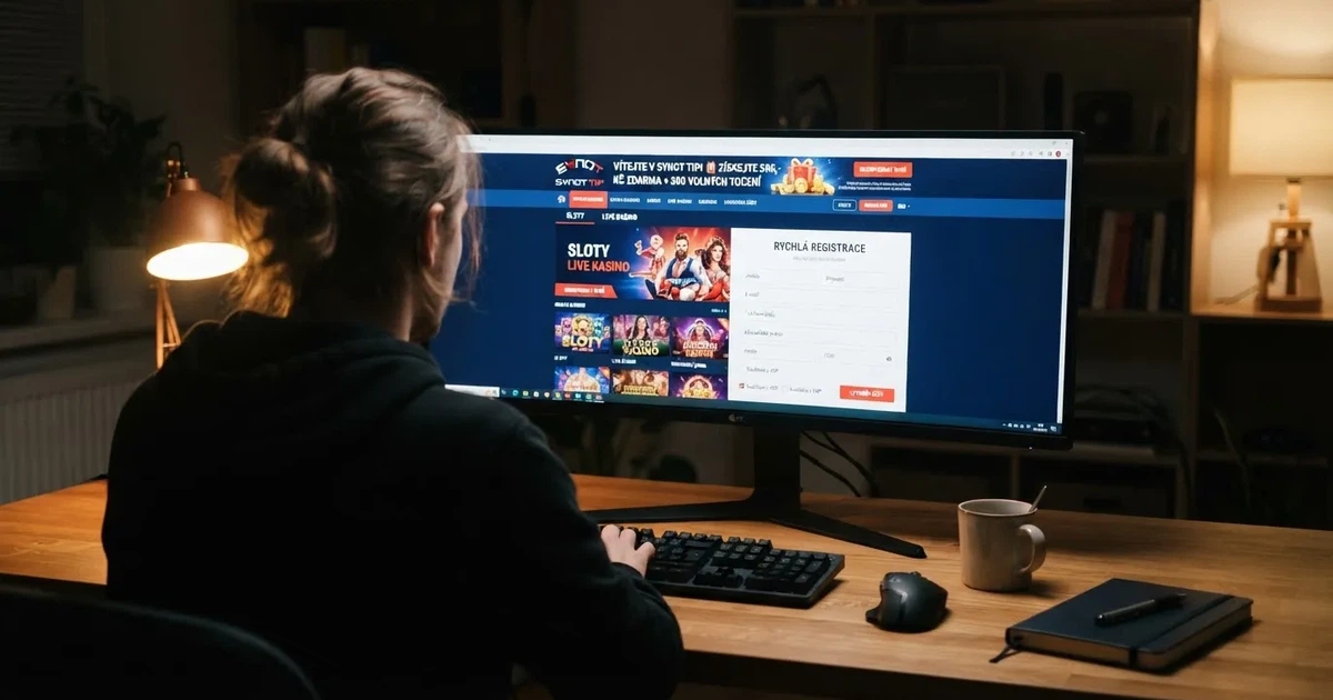 Hráč si na monitoru prohlíží nabídku bonusu bez vkladu v online casinu, vedle je vidět registrační formulář
